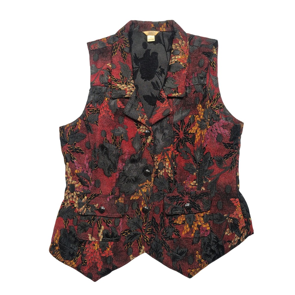 Christopher & Banks Vest Womens L Rayon blend Tapestry Floral Red Black Vintage